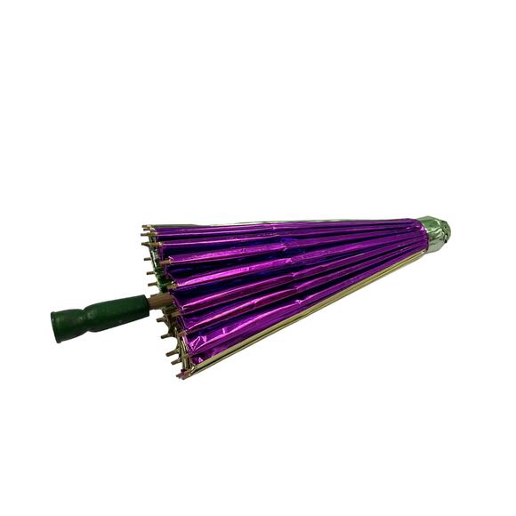 Vintage Shiny Metallic Asian Umbrella Decorative Purple Gold Green Geisha - Picture 2 of 9